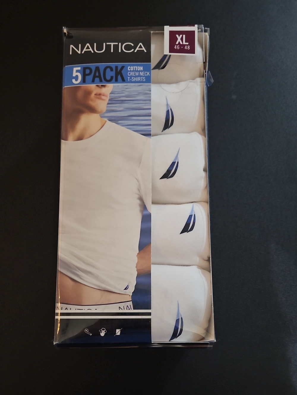 Nautica XL 5-Pack Crew Neck T-Shirts – White with Blue Sail Logo